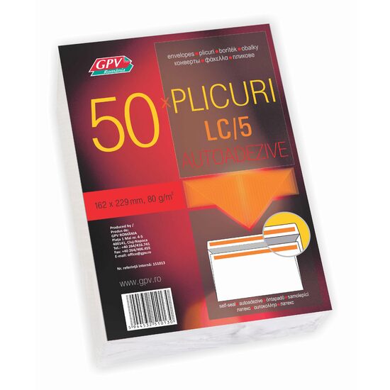 C5, 50 plicuri, autoadeziv, offset, 80 g/mp