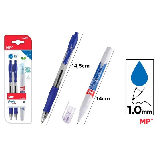 Set de scris cu 2 pixuri albastre + 1 lichid corector PA663
