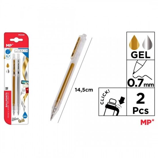 Set 2 pixuri retractabile cu gel 0.7mm auriu-argintiu PE349