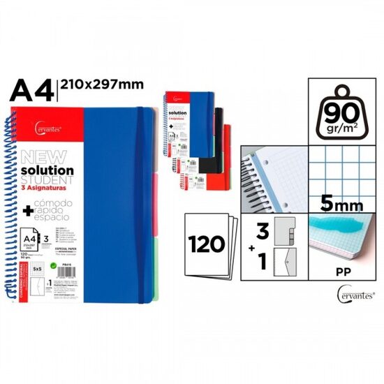 Caiet A4 PP spirala 120F cu elastic si 3 separatoare patratele PB416