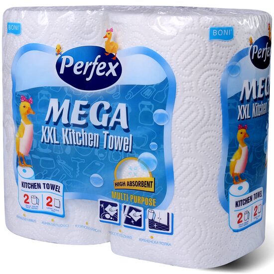 Prosop de bucătărie Perfex Mega XXL, 2 straturi, alb, 2 role/cutie, 90 foi/rolă, 23x22 cm