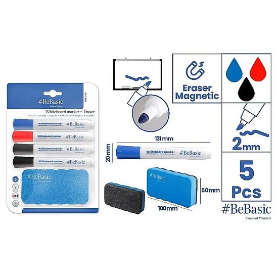 MARKER WHITEBOARD BeBasic 4/SET, 3 CULORI + BURETE TABLA MAGNETICA S013-01 MP